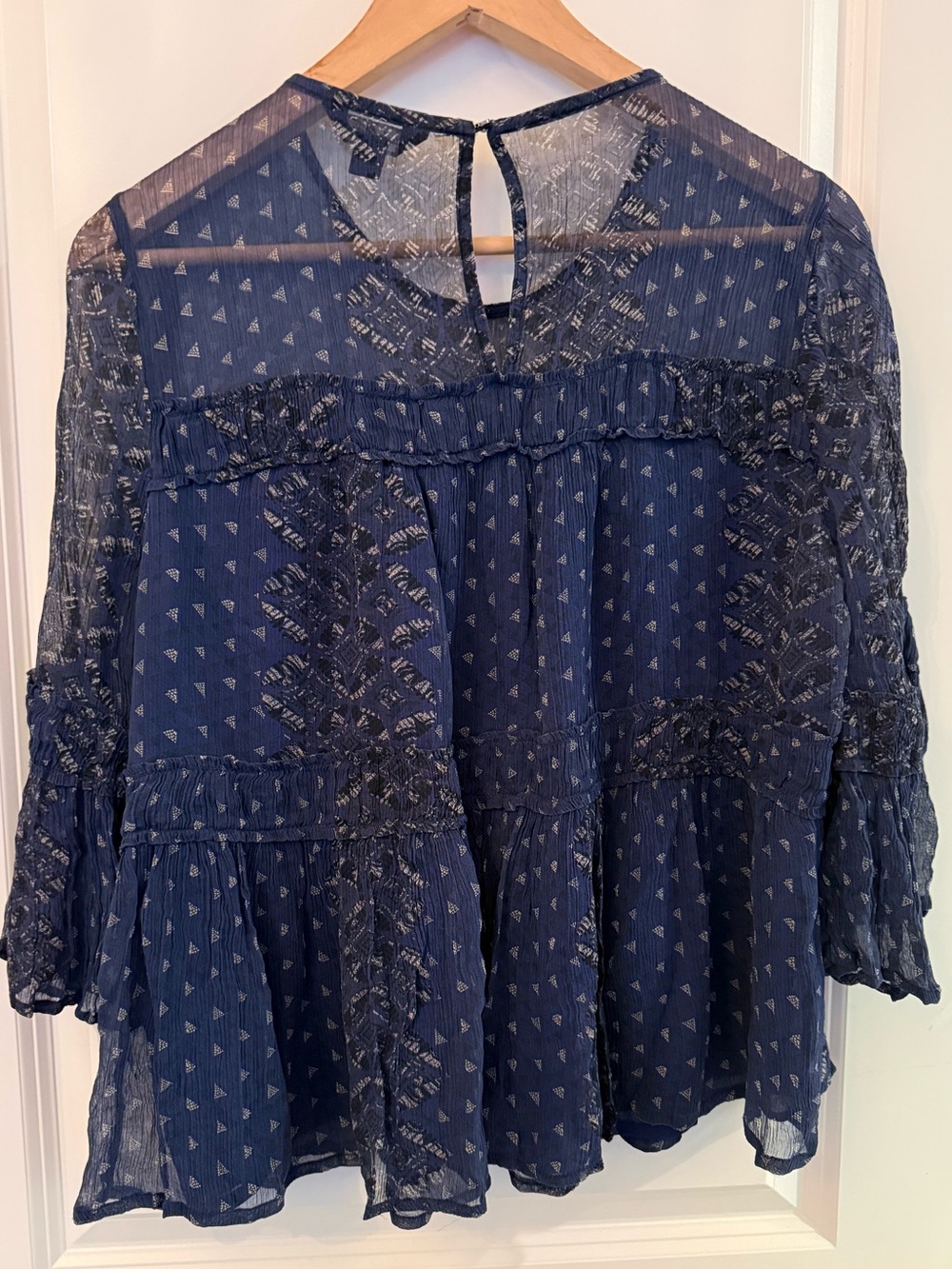 Lucky Brand Whimsigoth Navy Blue Sheer Tiered Boho Peasant Blouse Size M Top - Picture 4 of 10